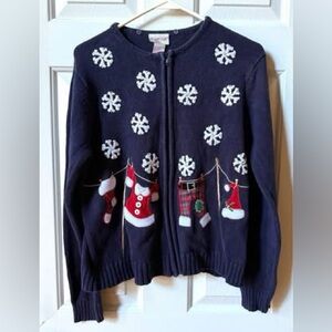 Crystal Kobe Blue Christmas cardigan Sweater Santa's clothes snowflakes M